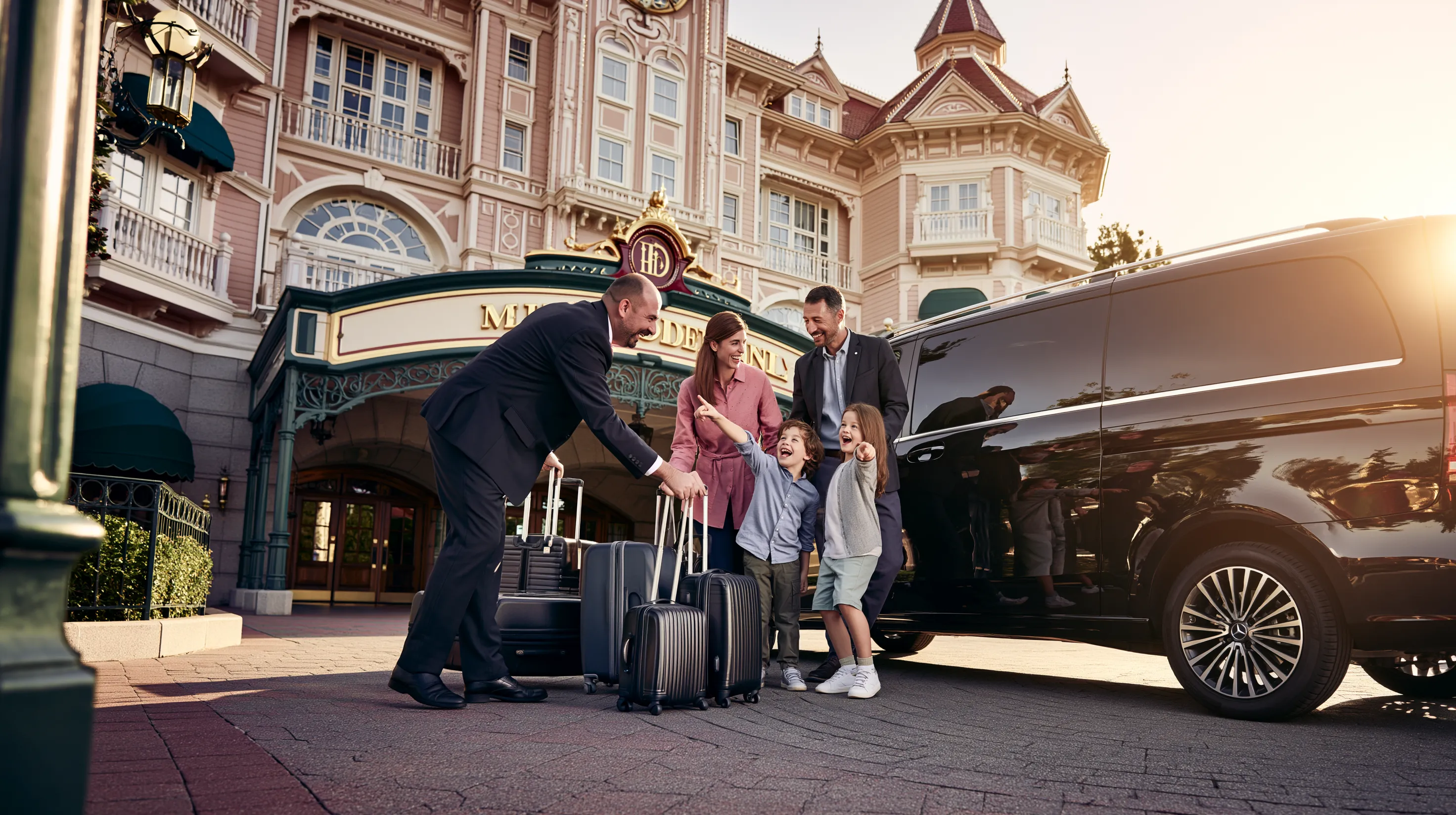 Chauffeur accueillant une famille avec enfants pour le transfert Disneyland Paris