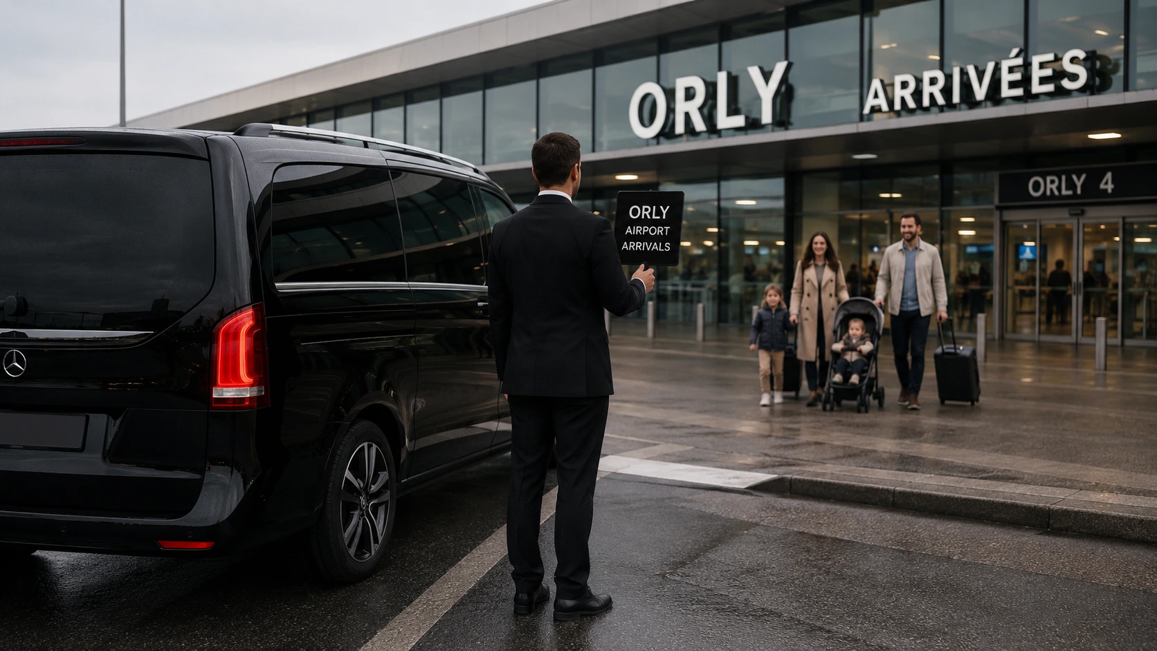 Famille à l'aéroport d'Orly avec van Mercedes privé pour transfert Disneyland Paris