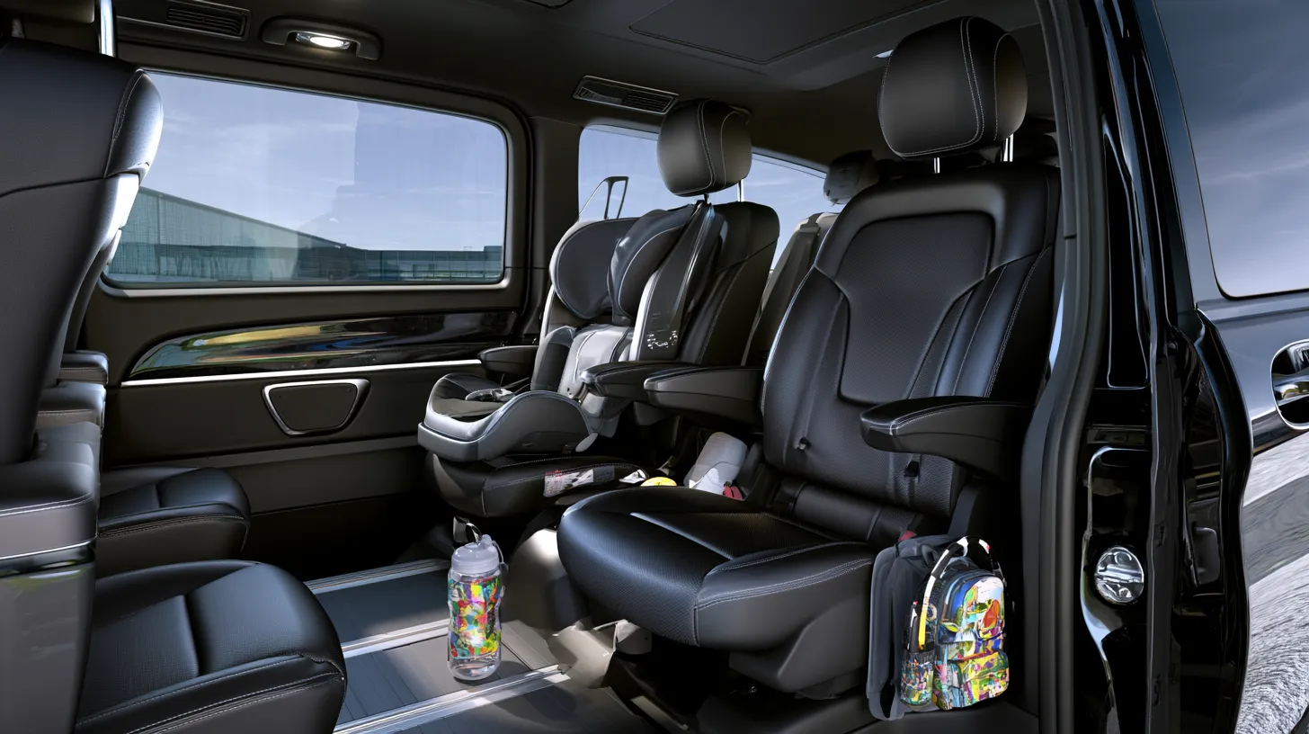Siège auto enfant installé dans van Mercedes à l'aéroport d'Orly pour transfert Disneyland Paris
