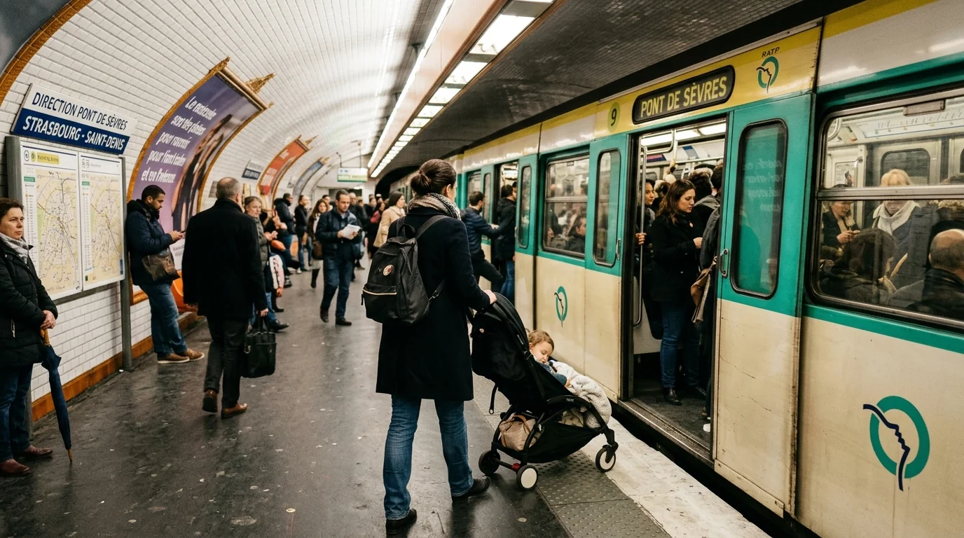 Parent avec poussette sur un quai de RER parisien bondé, illustrant la difficulté du trajet CDG - Disneyland Paris en train avec des enfants