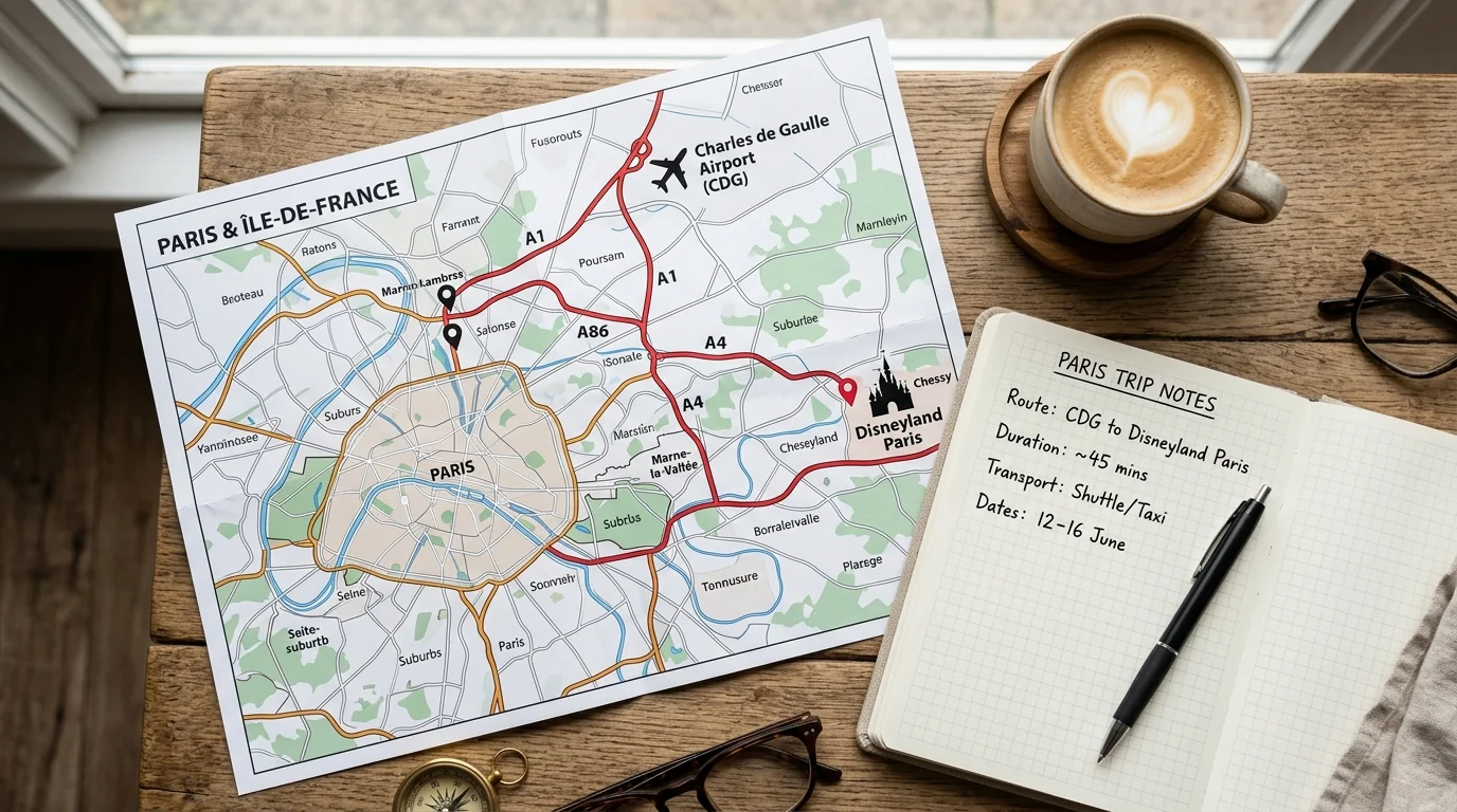 Carte comparative des options de transfert depuis CDG vers Disneyland Paris pour les familles