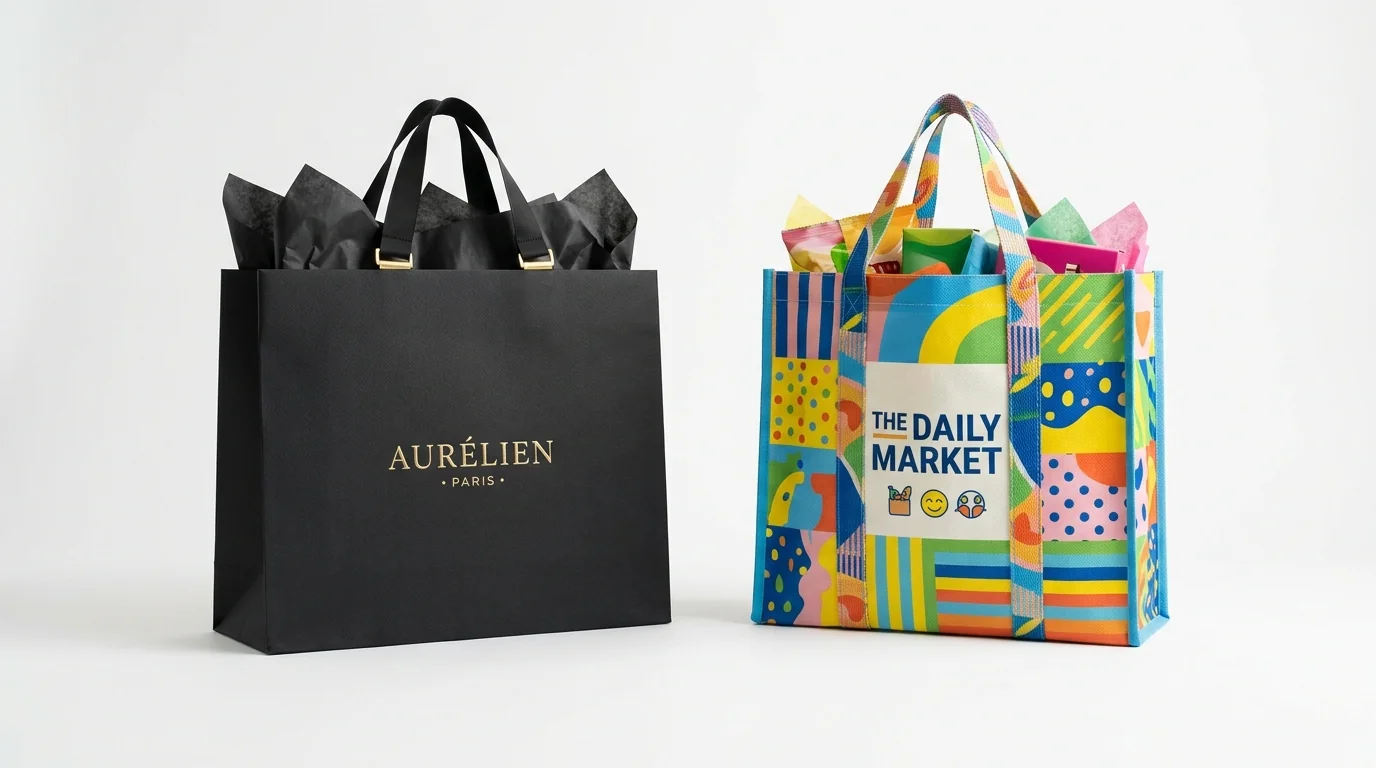 Comparaison symbolique entre La Vallée Village et Val d'Europe illustrée par deux sacs shopping représentant le luxe et le shopping familial près de Disneyland Paris