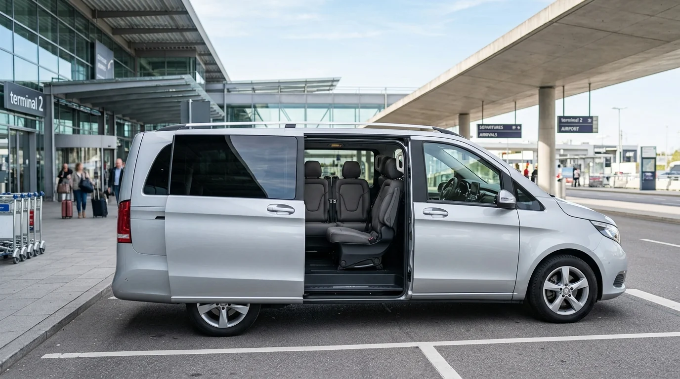 Van de transfert privé devant un aéroport, comparatif des options de transport depuis CDG vers Disneyland Paris en famille