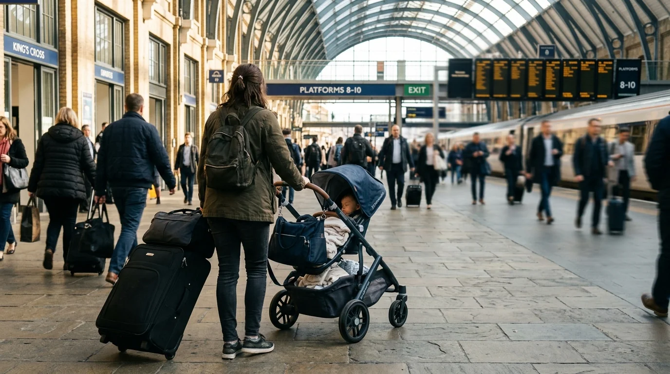 Parent avec poussette et bagages dans le RER comparé au confort d'un van privé pour aller à Disneyland Paris