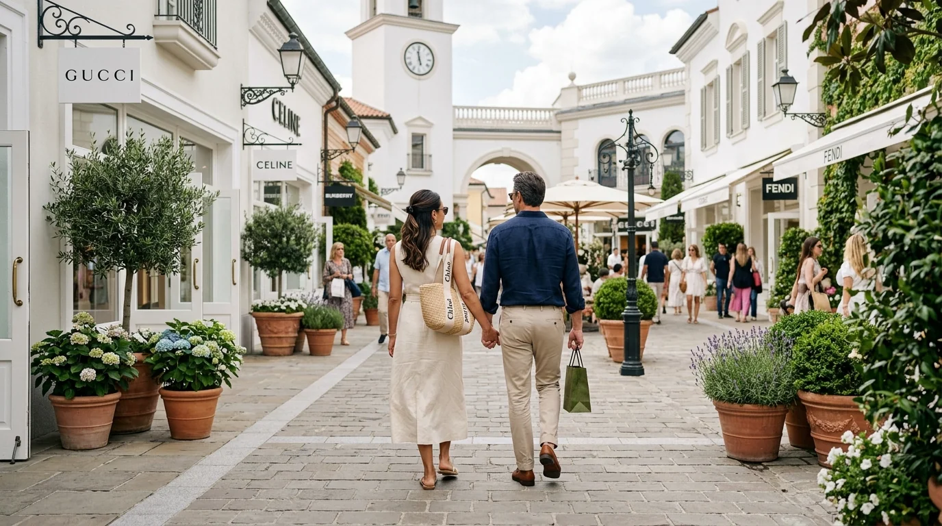 Allée élégante de La Vallée Village, outlet de luxe de The Bicester Collection près de Disneyland Paris, avec ses boutiques haut de gamme en plein air