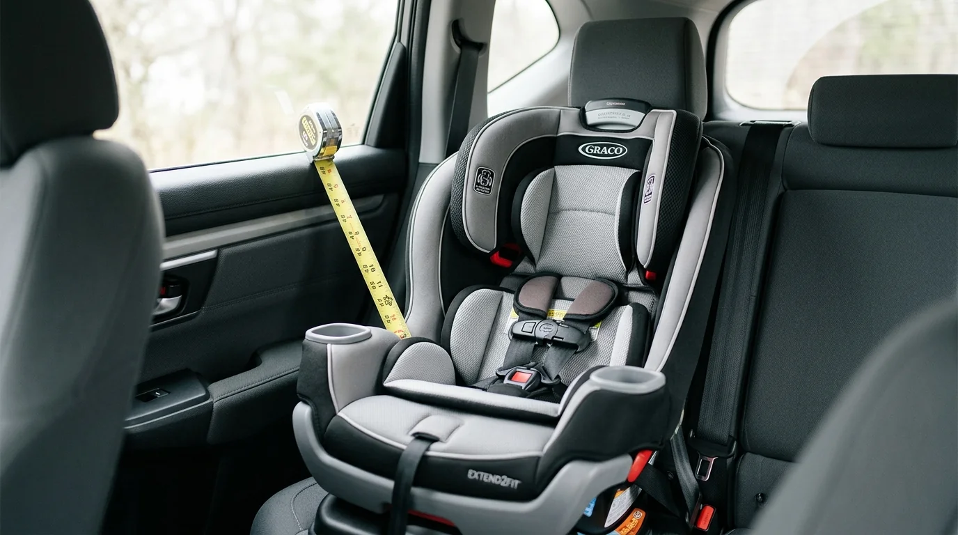 Siège auto installé dans un véhicule avec un mètre ruban illustrant les critères légaux de taille et d'âge en France
