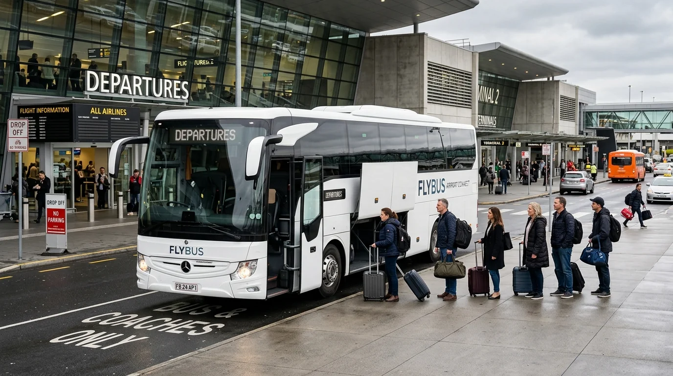 Navette partagée devant un terminal de l'aéroport CDG pour les familles se rendant à Disneyland Paris