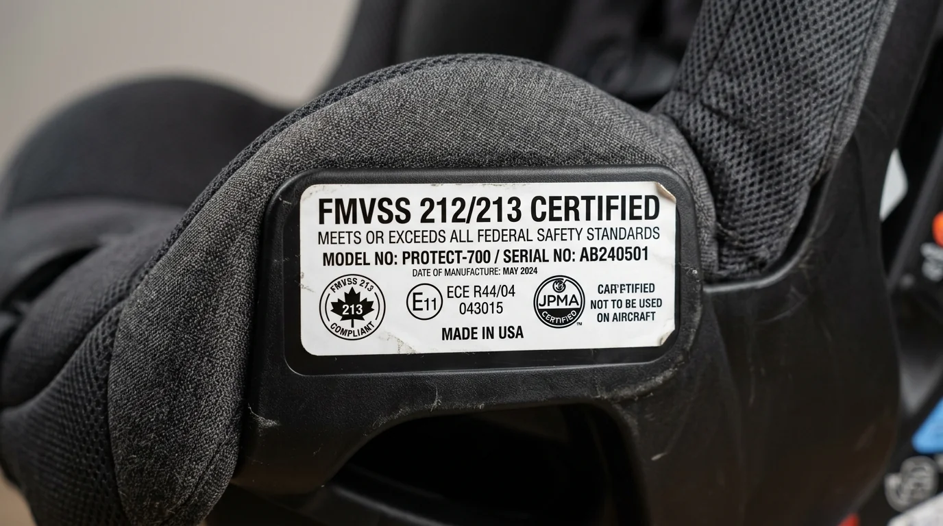 Étiquette d'homologation i-Size R129 sur un siège auto, illustrant les normes de certification en vigueur en France