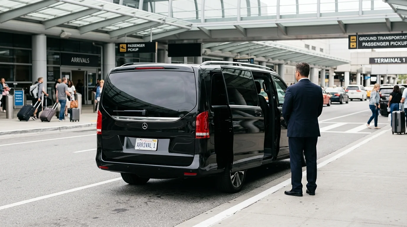 Van de transfert privé attendant aux arrivées de l'aéroport CDG pour un voyage en famille avec des enfants vers Disneyland Paris