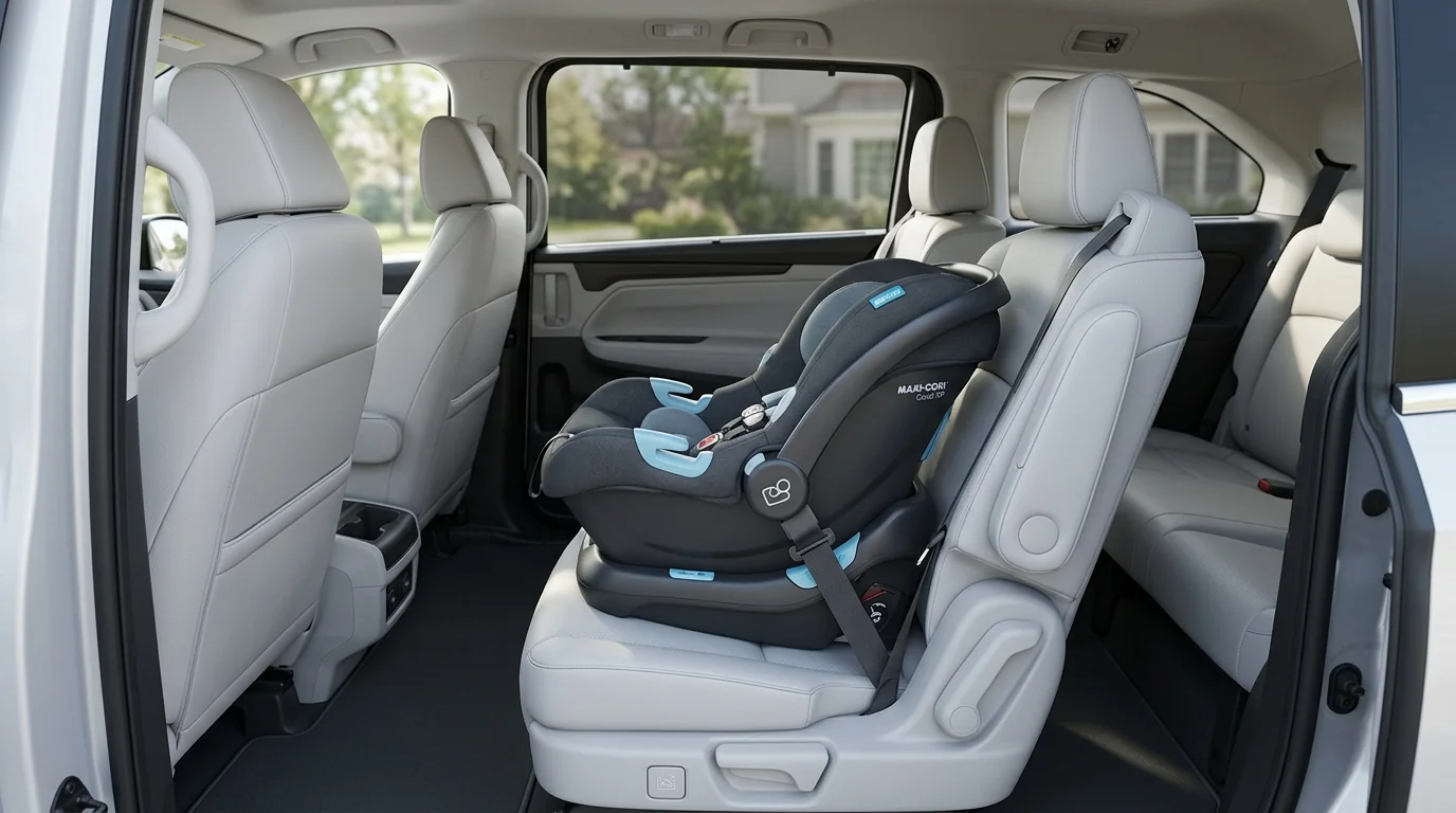 Siège auto bébé installé dans un van de transfert privé, solution de transport sécurisée pour famille avec bébé à Disneyland Paris