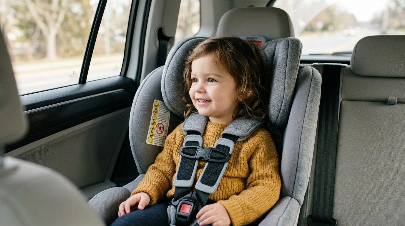 Enfant souriant correctement attaché dans son siège auto homologué