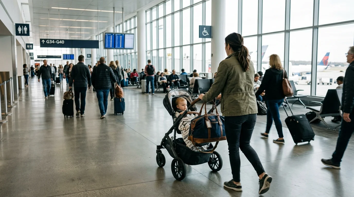 Parent avec poussette et bagages dans un terminal d'aéroport, transport en famille avec jeune enfant vers Disneyland Paris