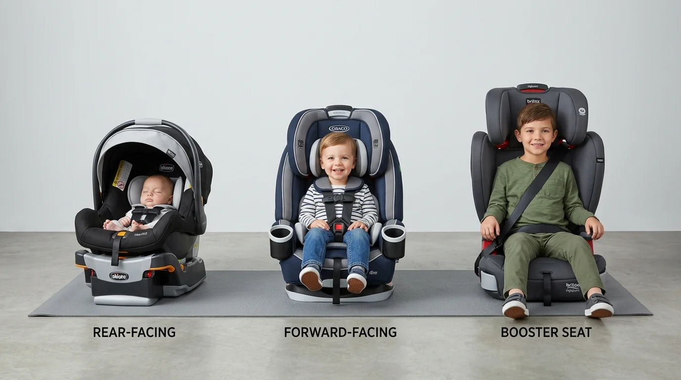Trois types de sièges auto pour enfant selon l'âge : dos à la route, face à la route et rehausseur