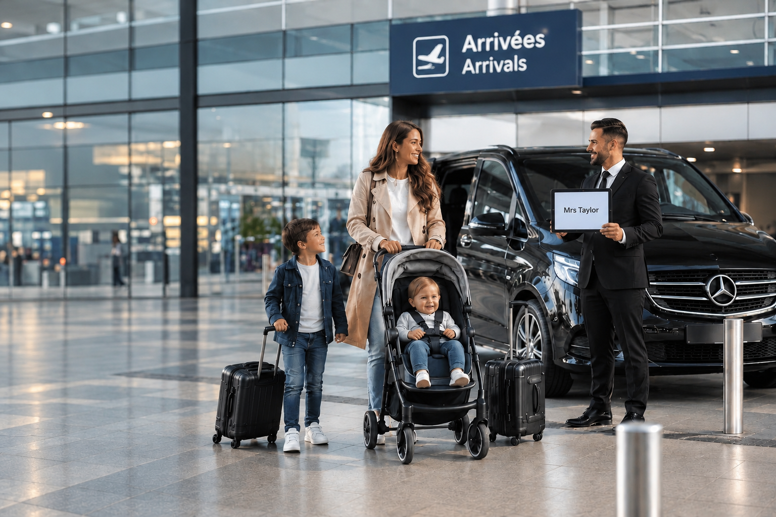Famille accueillie par le chauffeur TransferDisneyland Paris avec pancarte personnalisée