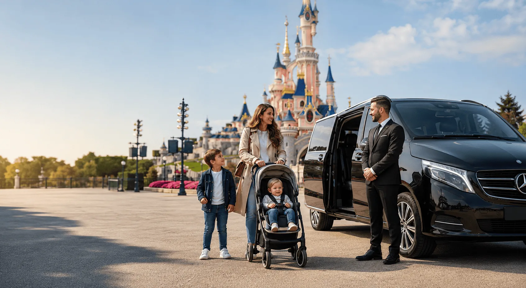 Famille arrivant à Disneyland Paris en van privé
